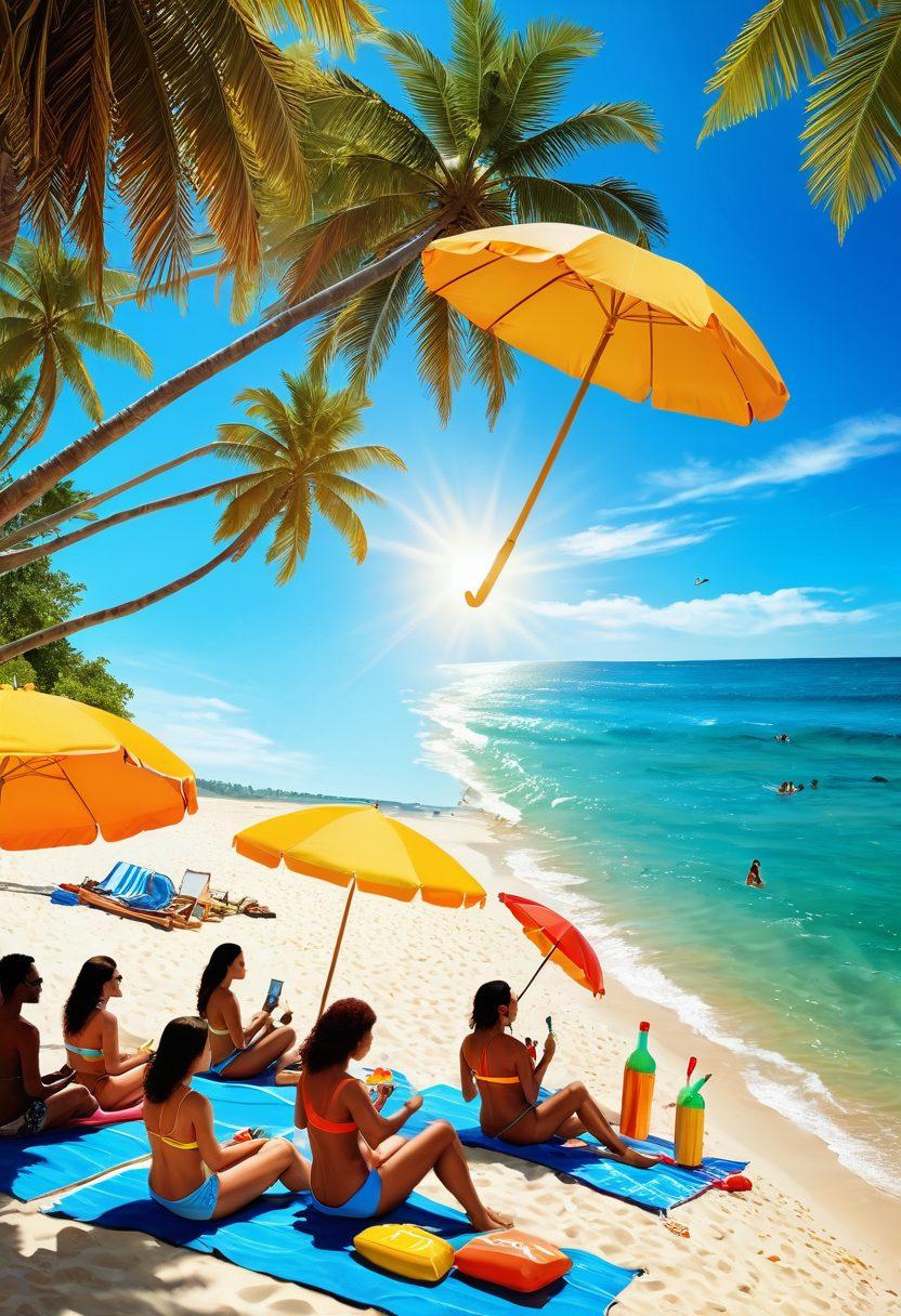 A vibrant summer scene featuring a diverse group of adults engaging in various exciting activities like beach volleyball, paddle boarding, and picnicking on a sunny day. Add colorful beach umbrellas and tropical drinks to enhance the lively atmosphere. The background includes clear blue skies and shimmering ocean waves. super-realistic. vibrant colors. sunny day.