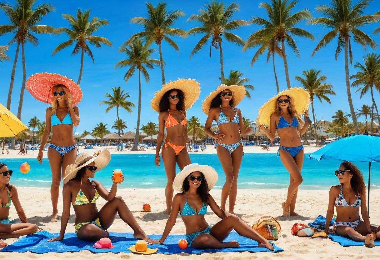 A vibrant beach scene showcasing diverse models wearing the latest bikini trends, surrounded by stylish beach accessories like oversized hats and sunglasses. The atmosphere is lively with people engaged in adult lifestyle activities such as beach volleyball, yoga on the sand, and sipping cocktails under colorful umbrellas. The backdrop features a bright blue ocean and palm trees swaying in the breeze. super-realistic. vibrant colors. summer vibes.